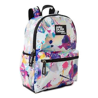 #ad NWT Justice Girls Laptop Backpack Iridescent Silver Pink Purple Splatter Bookbag $24.99
