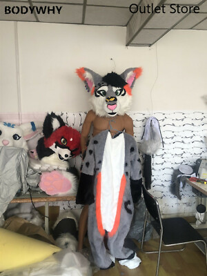 #ad Gray Fursuit Long Fur Husky Fox Dog Fursuit Cosplay Mascot Costume Fancy Dress $447.54