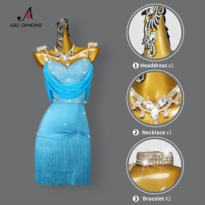 #ad 2023 New Latin Dance Competition Clothing Blue Female Tassel Sexy Skirt Hot $191.54