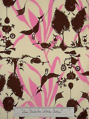 #ad Magical Forest Fabric Pink Cream Bird Bicycle Tree Free Spirit Cotton YARD $9.49