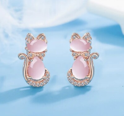 #ad Pink Opal Cat Earrings Spade Rose Gold Plated Stud Crystal CZ Kate $19.87
