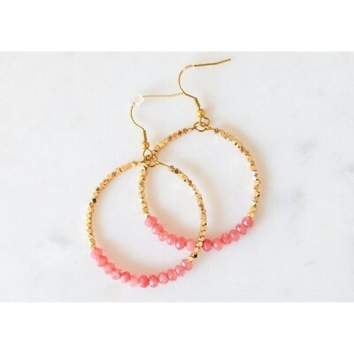 #ad Red Jade Pink Sparkly Gold Beaded Earring Gemstone dangle hoops vacation jewelry $22.00