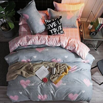 #ad Cartoon Pink Love symbol Bedding Sets 3 4pcs Duvet Cover Bed Sheet Pillowcase $136.26