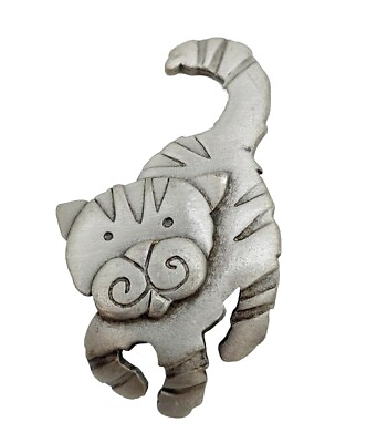 #ad JJ Pewter Cat Pin Brooch Silver Tone $9.68