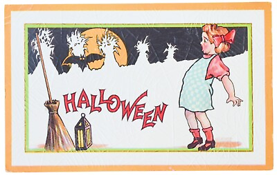 #ad Antique Postcard Halloween Girl Broom Bat Moon Embossed Spider Web Unused C $50.96