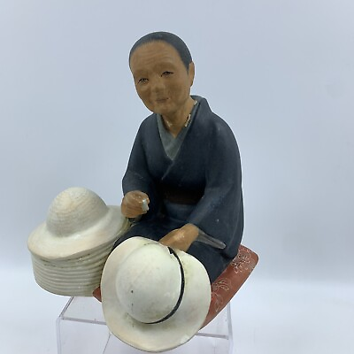 #ad hakata urasaki dolls japanese Clay Figurine Japan Old Woman Hat Maker FLAW READ $15.94