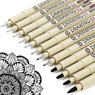#ad Micro Fineliner Drawing Art Pens: 12 Black Fine Line Waterproof Ink Set Artist $15.79