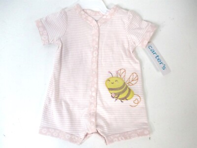 #ad Carters Baby Girls Size 6 Months Cotton Pink Stripped Baby Bee Snap Up Romper $10.95
