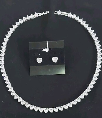 #ad White Heart Shaped Gemstone Sterling Silver Necklace Set Not Stamped $20.00