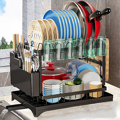 #ad 2 Tier Kitchen Over Sink Dish Drying Rack with Cutlery Holder Drainer Organizer $34.59