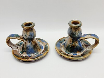 #ad Vintage Pair Studio Art Pottery Chamber Candle Stick Holders Blue Set Of 2 $19.59