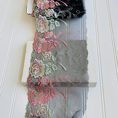 #ad Floral Embroidered Lace Trim with Black Tulle Sewing Crafts Bridal 6.5quot; Wide $8.55