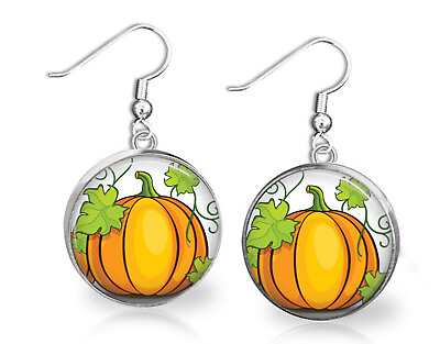 #ad Autumn Halloween Big Pumpkin Dangle Earrings Glass Dome Top Handcrafted Gift $11.95