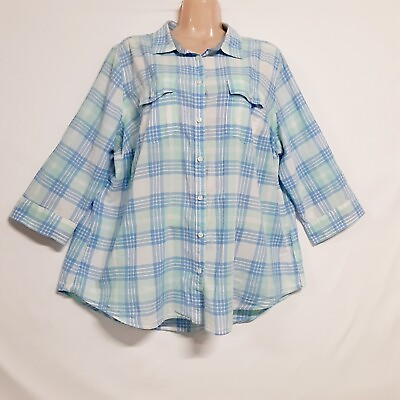 #ad St. John#x27;s Bay Women Plaid Top Blouse Shirt Size 1X Blue Button Up Collared 3 4 $16.50