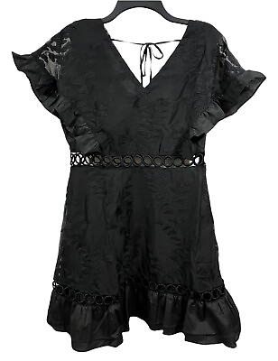 #ad The Clothing Company Embroidered Floral Black Dress Large V Neck Flutter S S $28.45