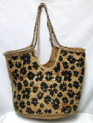 #ad Artisan Handmade large straw tote bag purse with silver Floral beach boho $29.99