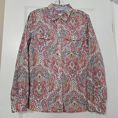 #ad Talbots Paisley Womens 100% Cotton Button Up Roll Tab Blouse With Pockets Sz M $18.83