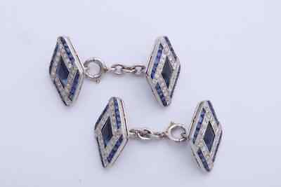 #ad Wonderful Blue Sapphire amp; White Cubic Zirconia Silver Men#x27;s Art Deco Cuff links $310.00