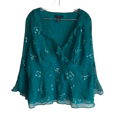 #ad Silkland Women#x27;s 100% Silk Blouse Plus 1X Embroidered Sequin Green Ruffle Wrap $20.74