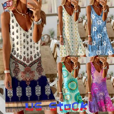 #ad Womens Floral V Neck Sleeveless Tank Dress Vest Boho Print Top Summer Sundress $11.95