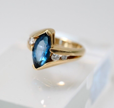#ad 14k yellow Gold diamond blue topaz CUSTOM ring sz 4.75 thick band 6g grams $219.00