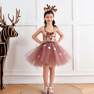 #ad Girls Christmas Reindeer Costume Child Deer Kids Book Week Tutu Fancy Dress $26.54