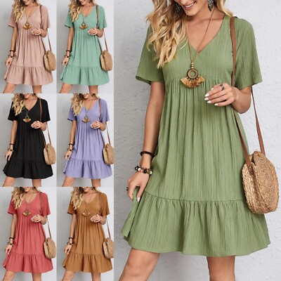 #ad Womens Short Sleeve V Neck Mini Dress Ladies Pleated Ruffle Baggy Solid Dresses‹ $15.43