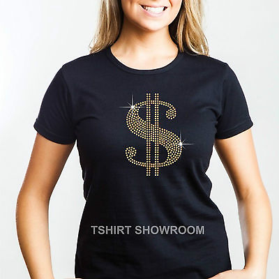 #ad Dollar $ Symbol Crystal Rhinestone Diamante Embellished Ladies T shirt GBP 16.99