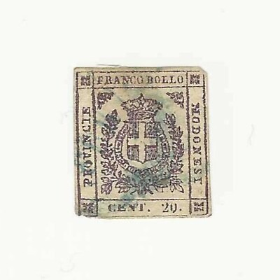 #ad 1859 Italian State Modena used 20c stamp #12a blue cancellation; CV $180.00 $24.50
