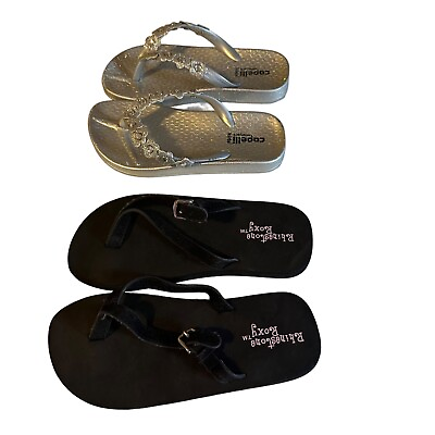 #ad Lot of two sandals Capelli Kids silver floral rhinestone flip flops Roxy Rhinest $14.99