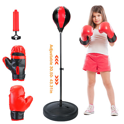 #ad Kids Punching Ball Bag Boxing Punch Speed Training Stand Adjustable Set Gloves $31.29