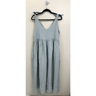 #ad Magic Linen Womens Midi Dress V Neck Self tying Shoulder Straps Blue Size Small $65.00