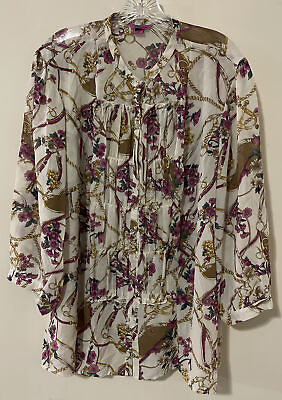 #ad Fucsia Womens 2x White Floral Full Button 3 4 Sleeved Sheer Blouse M523 $19.99
