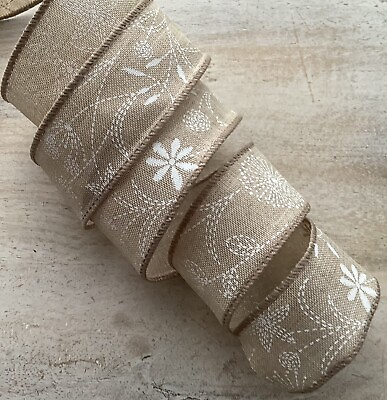 #ad 5 yds. NATURAL WITH WHITE FLOWERS WIRE EDGE RIBBON 1 1 2quot; Wide SPRING RIBBON $4.25
