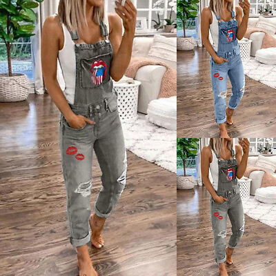 #ad Women Denim Dungaree Overalls Jumpsuit Bibs and Strap Ripped Jeans Pants Romper $36.66