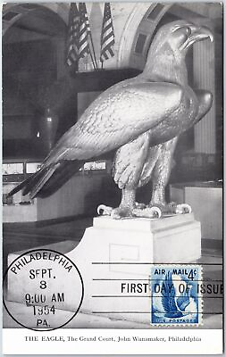 #ad Vintage Postcard 1954 The Eagle at John Wanamaker Philadelphia ON FIRST DAY RARE $55.00