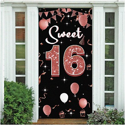#ad Rose Gold Sweet 16 Door Banner Black Rose 16th Birthday Backdrop Cover Fabri $35.99