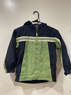 #ad L..L Bean Kids Rain Coat Hooded Size L 6X 7 Green Navy Blue EUC $19.00