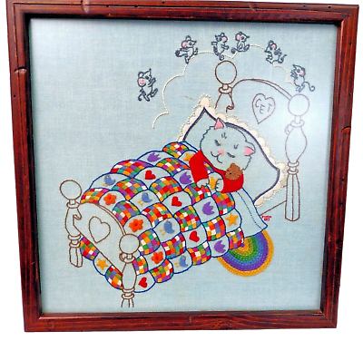 #ad Sweet Dreams Framed Finished Embroidery Kitten Teddy Dancing Mice Nursery Baby $32.50