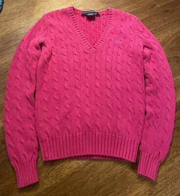 #ad Ralph Lauren Sport Womens Cable Knit Sweater Size XS Hot Pink V Neck Pullover $9.90