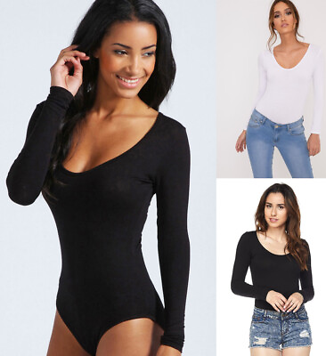 #ad Women#x27;s Scoop Neck Bodysuit Long Sleeve Basic Solid Stretch T Shirt Top Cotton $7.99