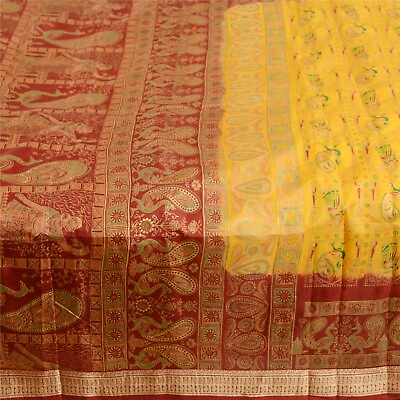 #ad Sanskriti Vintage Sarees Yellow Red Women Printed Pure Silk Sari Craft Fabric $27.38
