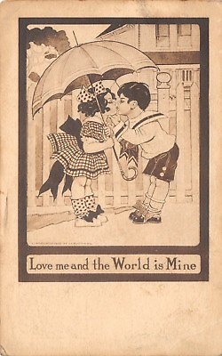 #ad Artist Love Me amp; World is Mine Kids Kiss Under Umbrella Pucker Lips 1912 Sepia $5.50