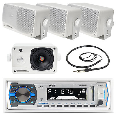 #ad PLMRB29W White Bluetooth Marine USB Receiver 3.5quot; Marine Box Speakers Antenna $107.99