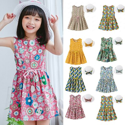 #ad Toddler Baby Kids Girls Floral Flowers Beach Dress Princess DressesHat Outfits $14.23