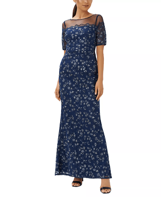 #ad Adrianna Papell Women#x27;s Floral Metallic Embroidered Gown Midnight 12 $125.00