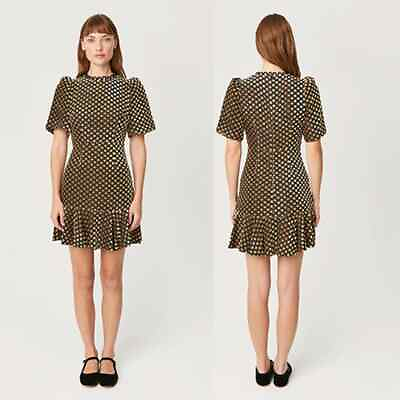 #ad NWT Rhode Daron Puff Sleeves A line Dot Jacquard Black and Gold Mini Dress $327.25