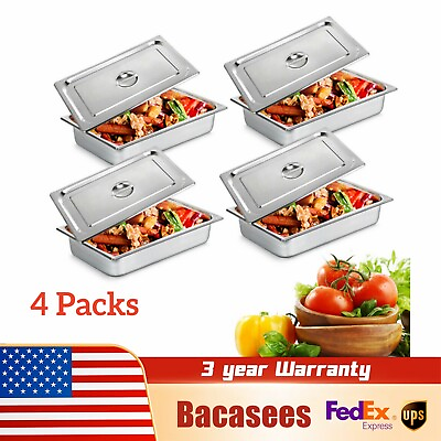 #ad 4quot;Deep Full Size Stainless Steel Steam Table Pans w Lids Hotel Food Prep 4 Pack $53.87