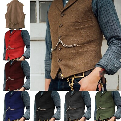 #ad Men Wool Vest Vintage Cowboy Wedding Hunting Herringbone Waistcoat Large XL XXL $25.19