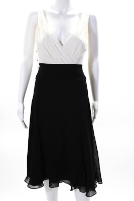 #ad Tadashi Womens Pleated V Neck Dress Black Cream Silk Size 12 $24.01